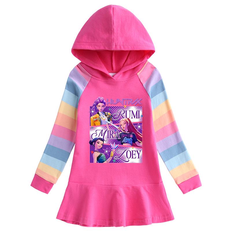 Kpop Demon Hunter Girls' Ruffle Rainbow Hooded Dress - Long Sleeve Princess Style