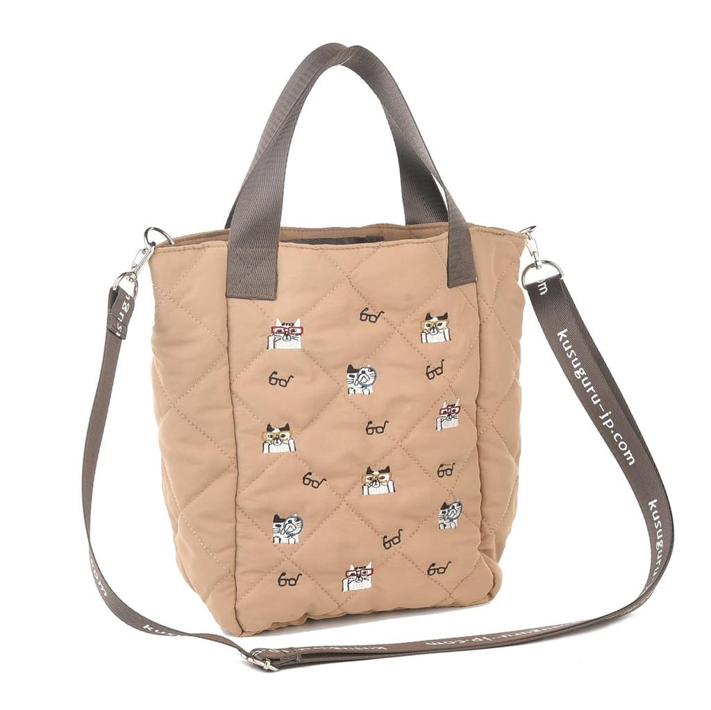 [Kusuguru Japan] Water-Repellent Polyester Quilted 2-Way Bag, Nekomaruke MC