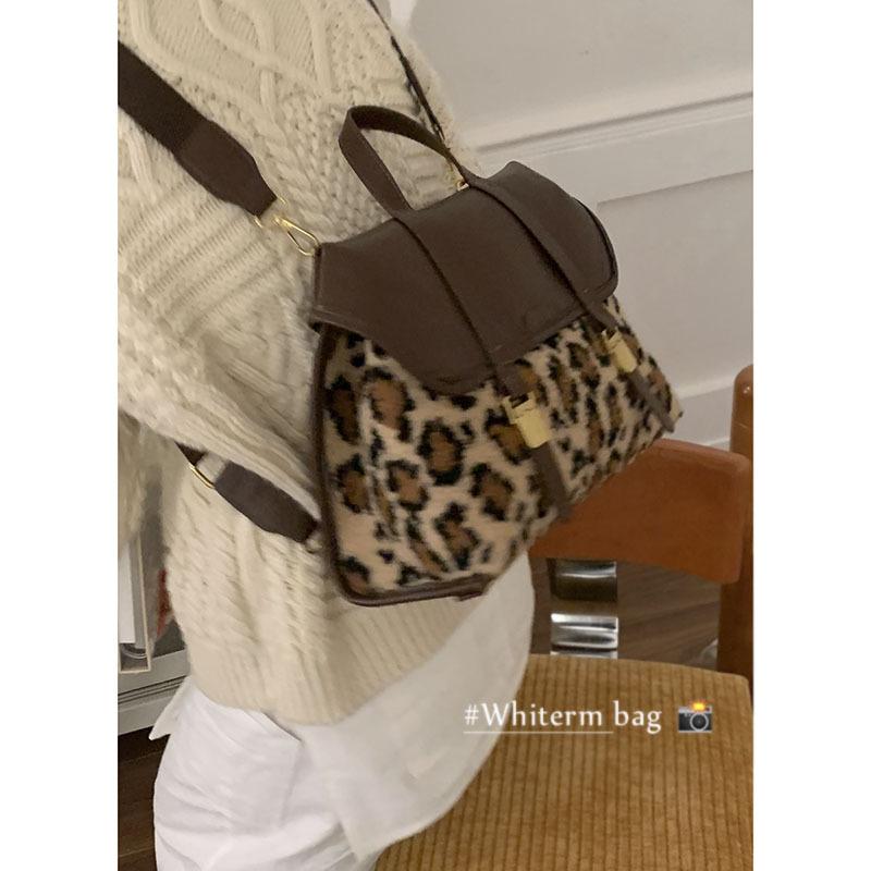 Winter Plush Leopard Print Splicing Fashion Women's Bag 2025 New Niche Shoulder Bag Portable Messenger Bag Backpack