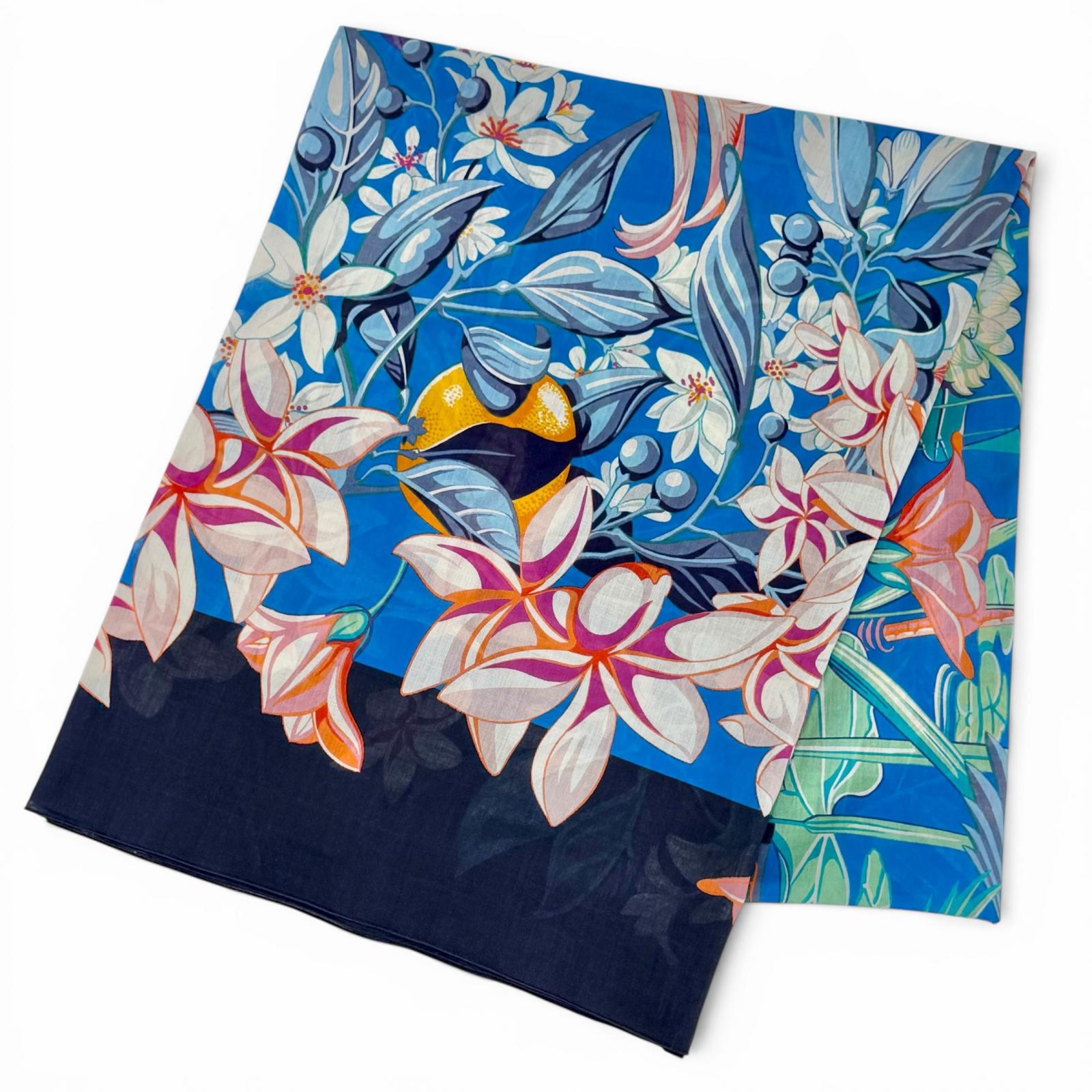Excellent HERMES scarf Pareo FLAMINGO PARTY Large format shawl stall blue cotton Used