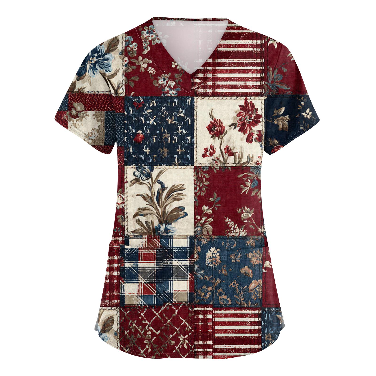 

Модный женский рабочий топ с V-образным вырезом, короткими рукавами, карманами и принтом ко Дню Независимости. Форма. L бежевый