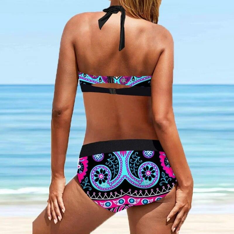 Zestaw bikini z wysokim stanem damski, luźny, nowy projekt drukowany strój kąpielowy Monokini letni dwuczęściowy zestaw plażowe stroje kąpielowe damskie seksowne bikini