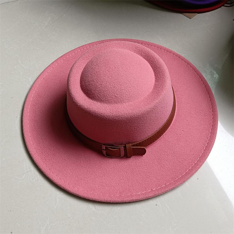 2026 Fedora Hat Winter Round Convex Flat Top Belt Accessories Rose Red Felt Jazz Hat for Men and Women Fedora Gorras