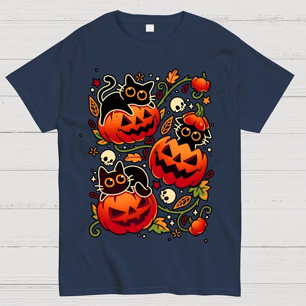 Black Cat Pumpkin Party Geek Cotton T-Shirt