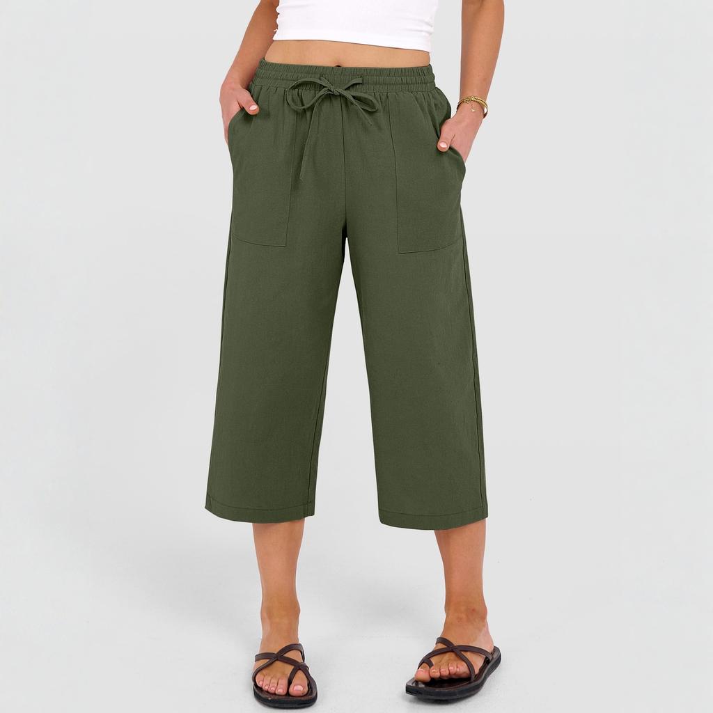 Women’s Cropped Wide Leg Pants with Elastic Waist Drawstring and Patch Pockets Casual Loose Fit Capris Trousers