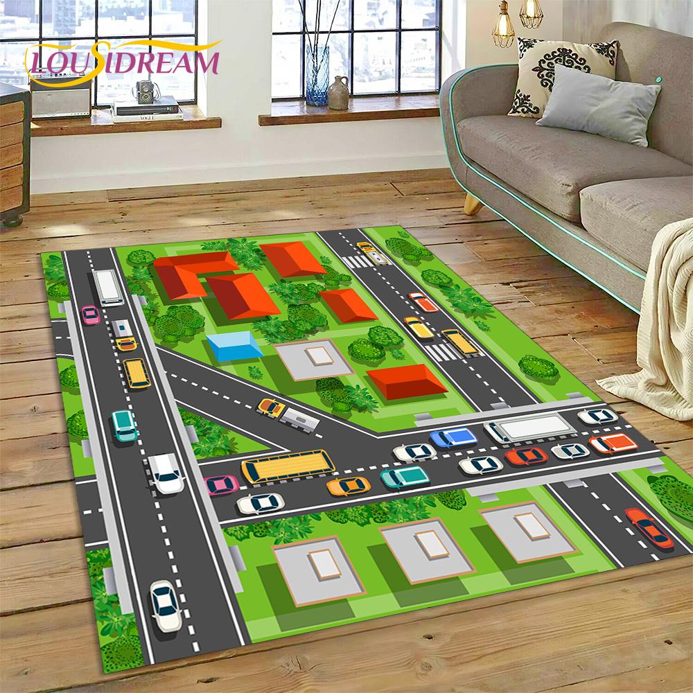 City Traffic Road Map Runway Child PlayMat Highway Playroom Area Rug,Carpet Rug for Living Room Bedroom Sofa Doormat, Non-slip