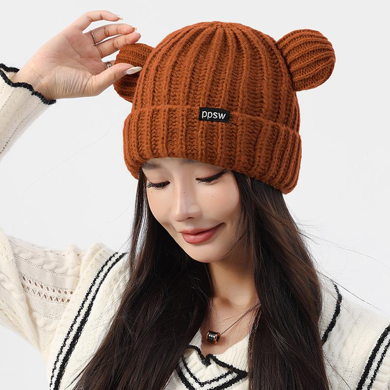Cute Bear Knitted Wool Hat For Cycling Warm Cartoon Earmuffs Autumn And Winter