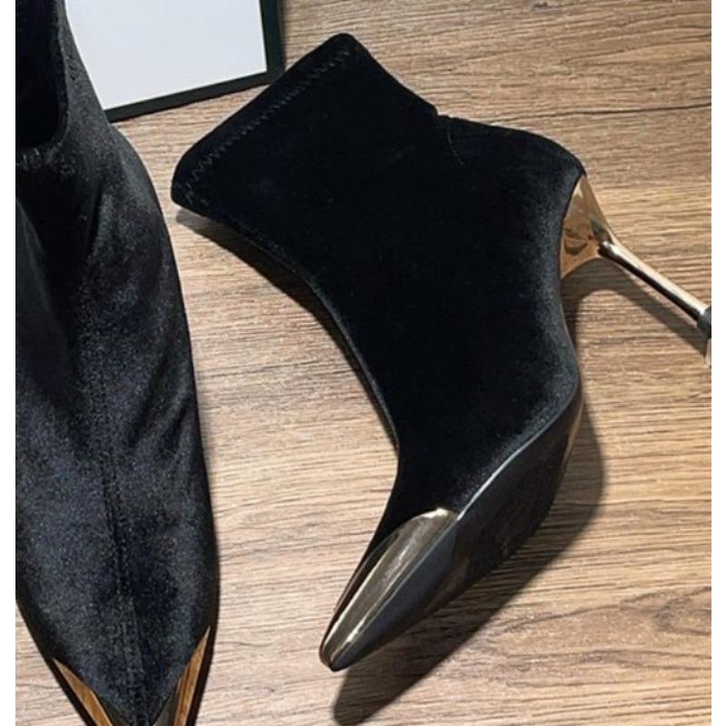 Fashion New Style Women's Concise Black Women Ankle Boots Pointed Toe Design Metal Decoration High Stiletto Heels Shoes Zapatos Mujer
