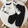 Spring Autumn Girls Block Outfit Long Sleeve Bow Tie Top And Casual Pants Two Piece Set Stylish Kids Clothing