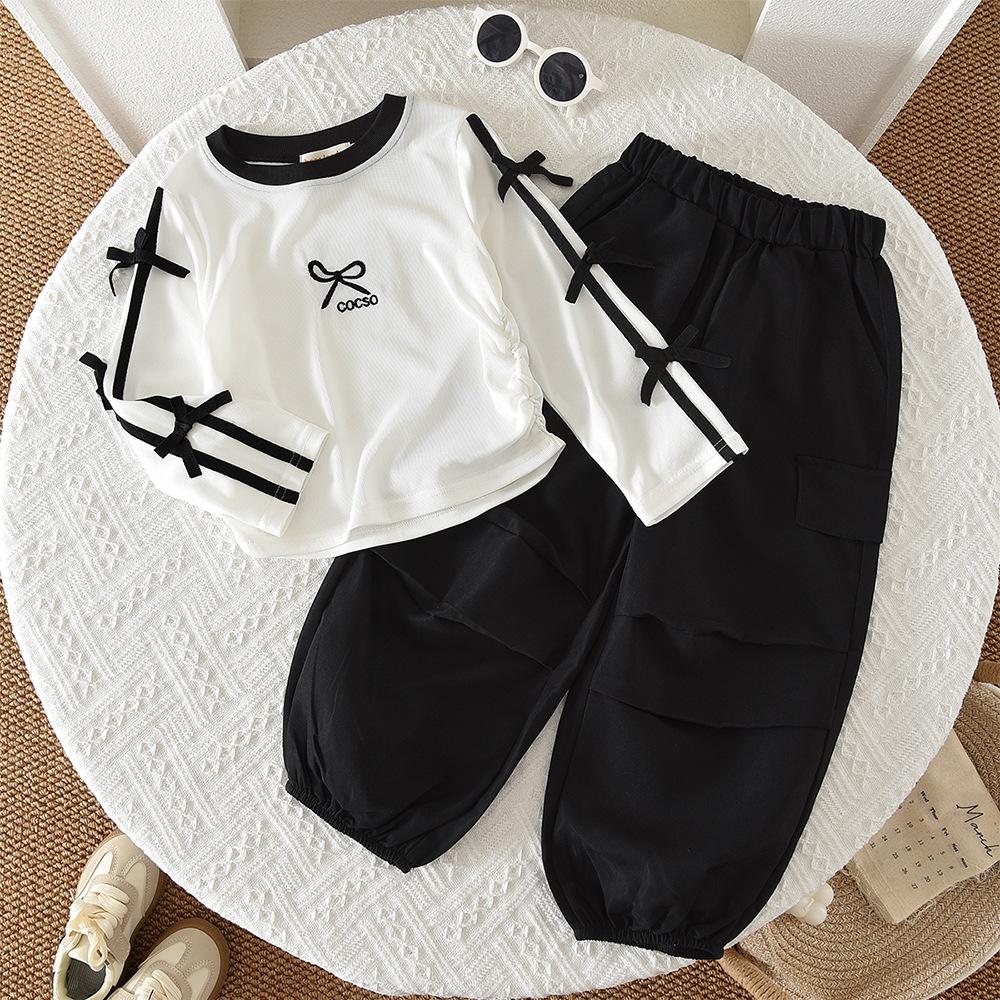 Spring Autumn Girls Block Outfit Long Sleeve Bow Tie Top And Casual Pants Two Piece Set Stylish Kids Clothing
