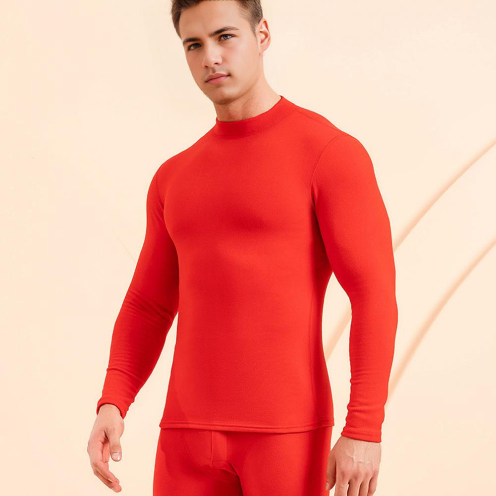 2Pcs/Set Men Warm Outfit O-Neck Long Sleeve Thermal Top High Waist Long Trousers Set Slim Fit Breathable Bottom Outfit
