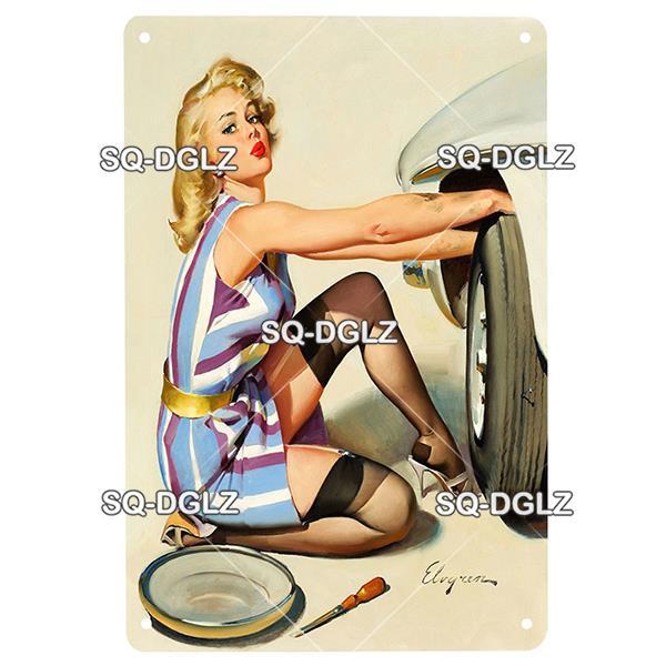 [SQ-DGLZ] Pinup Girl Plakette Metall Vintage Bar Möbel Teller Garagenschild Vintage Deko Man Cave Dekoration Geschenk