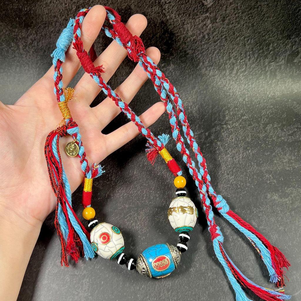 Tibetan Nepali Beads Necklace with Copper and Agate Dzi Hand-woven Sweater Chain