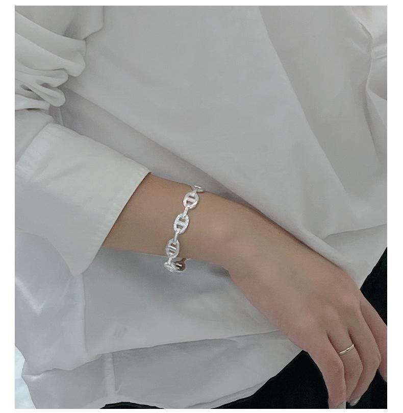 S925 Sterling Silver Korean Pig Nose Heavy Industry Bracelet - Fashionable Simple INS Style Bangle Jewelry.