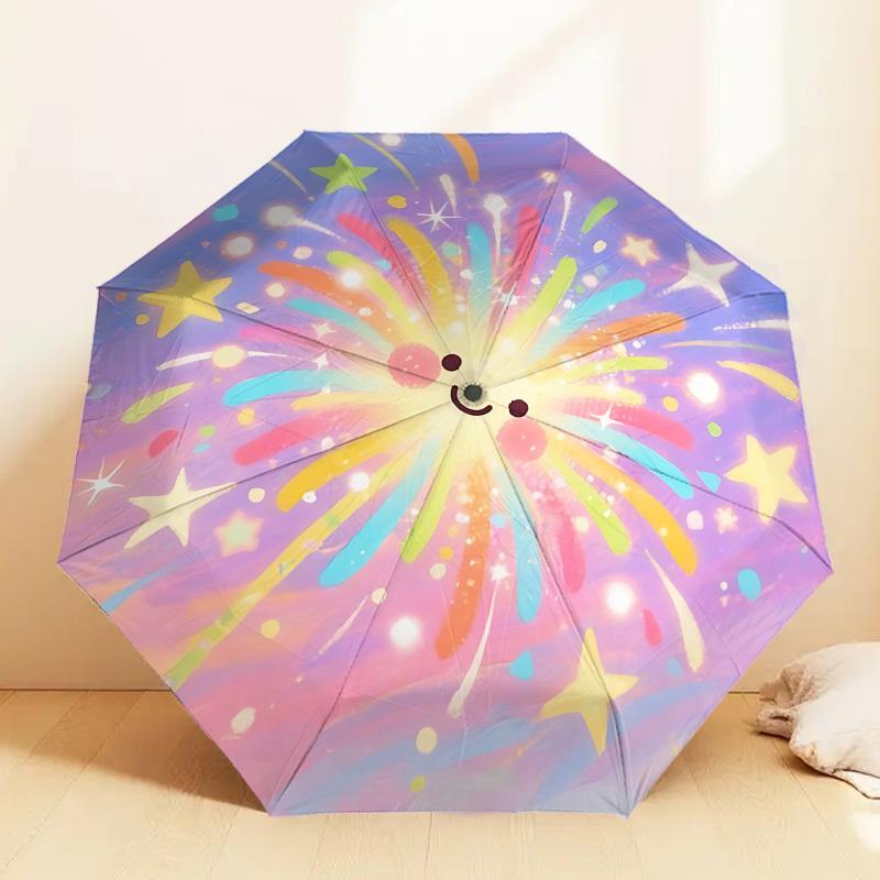 Rainbow Fireworks Happy Face Umbrella: Automatic Opening & Closing, Outdoor Protection, Lightweight Travel Accessory, Durable Gift for Any Occasion