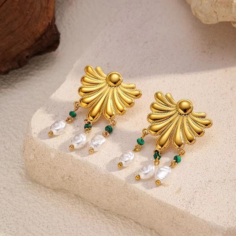 Fashion Exqusite Geometric Texture Stud Earrings Stainless Steel Pearl Tassel Earrings  For Woman Daily Wear Party Gifts