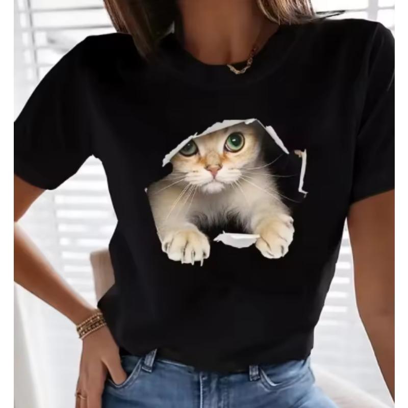 3D-Katzenaufdruck Damen Urban Street Fashion T-Shirt Tierliebhaber T-Shirt Sommer Alltags Lässig Damen Kurzarm Top