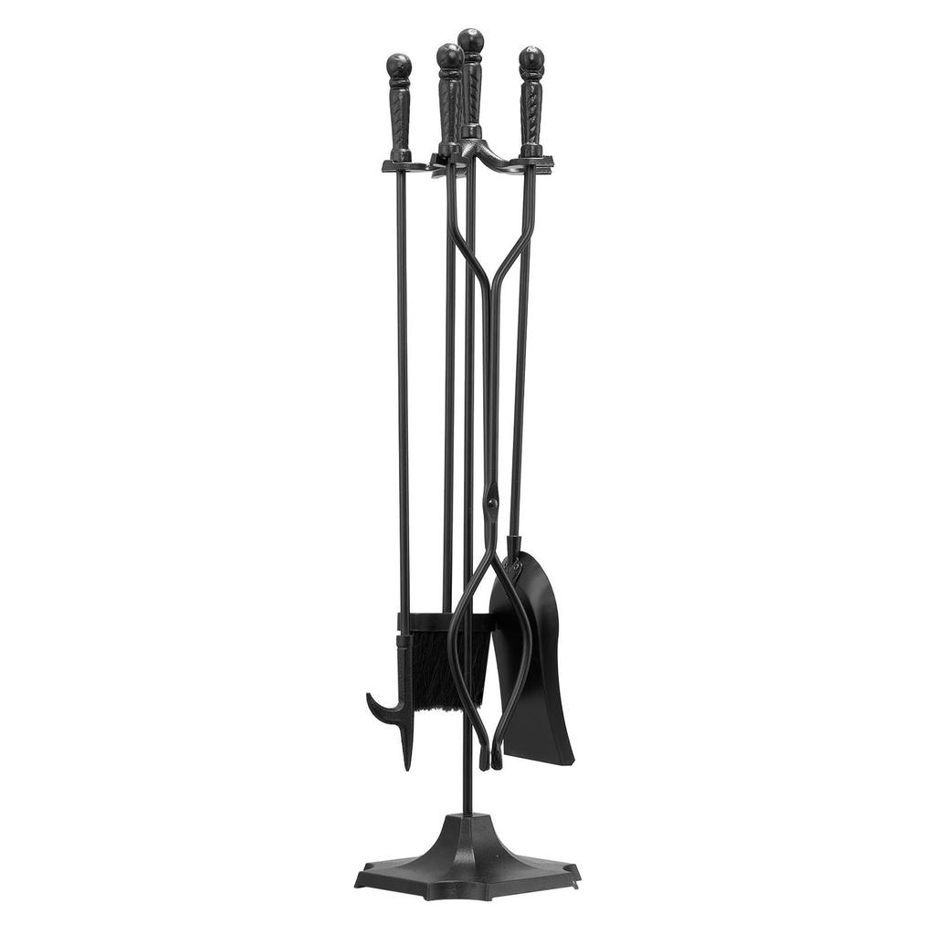 Kaminbesteck-Set, 5-teiliges Kaminwerkzeug-Set mit Halterung und Fünfzinkenständer, Zange, Schaufel, Bürste, Kamin-Schürhaken, Schmiedeeiserner Kamin