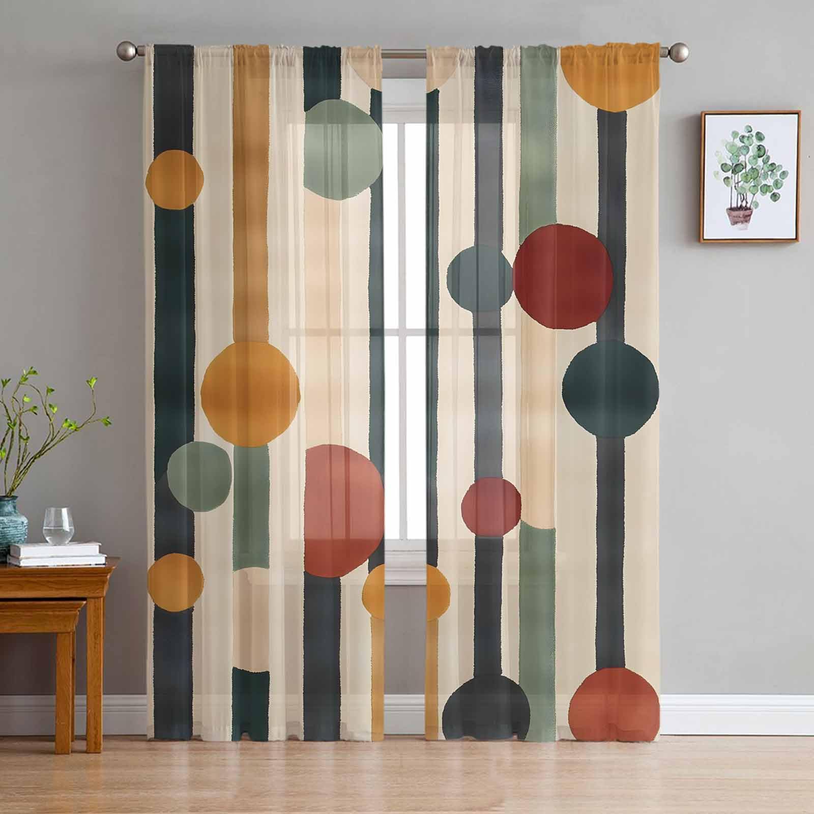 

Boho Semi Sheer Curtains 2 Panels Set Vintage Multicolored Geometric Stripes Kitchen Curtains Rod Pocket Sheer Drapes Bedroom W135 x H115cm x2