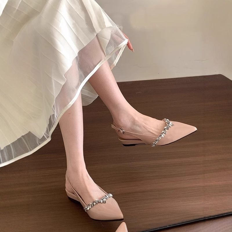 2025 new pointed head shallow mouth single shoes women's flat shoes female temperament celebrity with skirt rhinestone bag head sandals women's summer