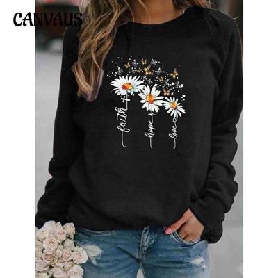 Spring and Autumn Women's Sweatshirt Blank Flower Round Neck Long Sleeve Top
