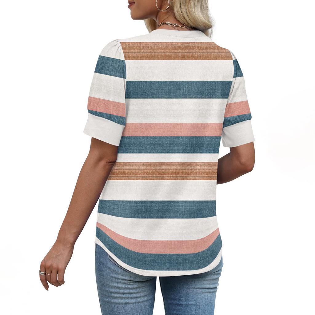 Moda Feminina Casual V, Gola Manga Curta Estampa Camisa Feminina Tops