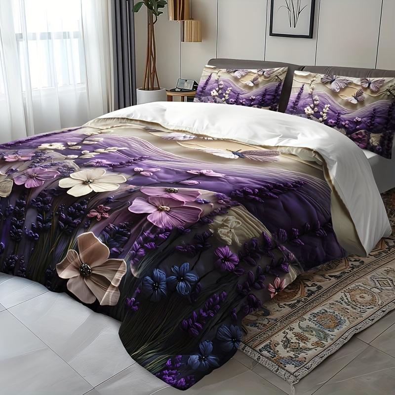 3pcs Purple 3D Floral and Butterfly Lavender Plant Duvet Cover Set - Includes 1 Duvet Cover and 2 Pillowcases