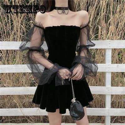 Schwarzes A-Linien-Kleid mit hoher Taille, Mesh-Gaze, schmales sexy Chiffon-Kleid, langärmelig, trägerloser Ausschnitt, Damenmode, Gothic, Hotsweet, Feenrock