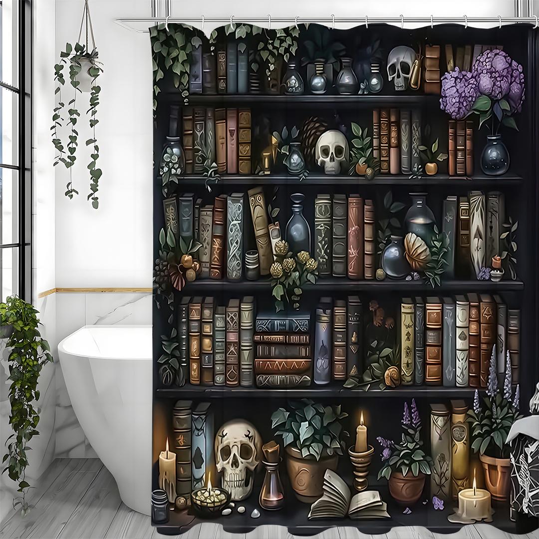 

Хэллоуин Ведьма Книжная полка Книги зелий Череп Шторка для душа, Декоративная шторка для душа для ванной, Водонепроницаемая шторка для душа с 90*180cm