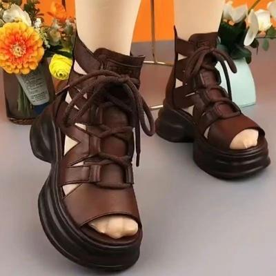 Mode Retro Hohl Sommer Sandalen Open Toe Schnürung Flache High Top Sandalen Damen Casual Römerschuhe