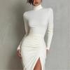 European Style Women's Spring 2026 Pleated High-Neck Maxi Dress - Elegant Slim-Fit, Long Sleeve, Solid Color.