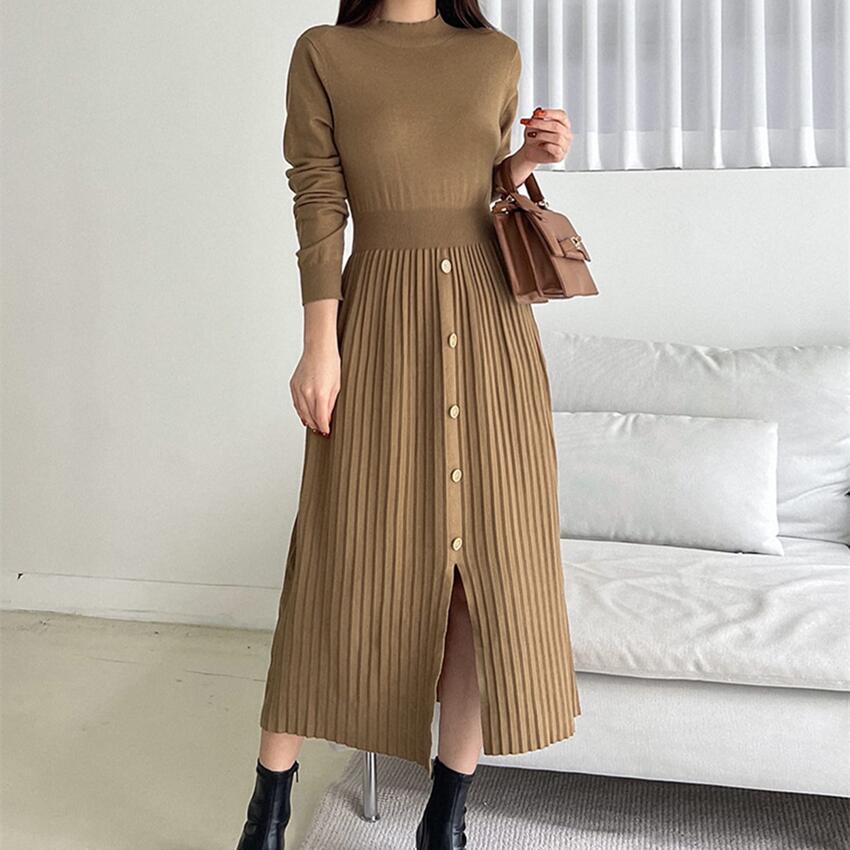 New temperament French split fork medium and long round neck knitted dress women's fashion temperament casual