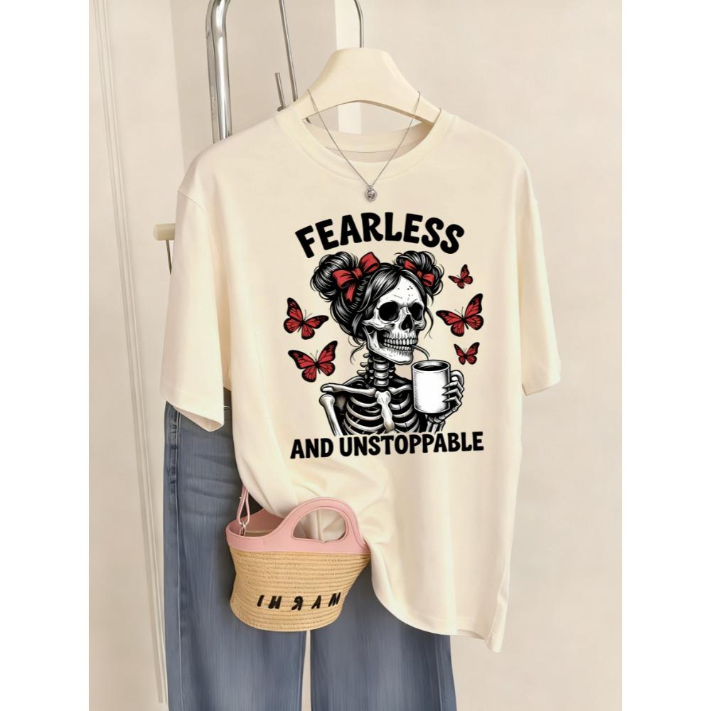 Fearless Understoppable Coffee Skull Print T Shirt Woman Breathable Hip Hop Top Summer T-Shirts Crewneck Short Sleeve