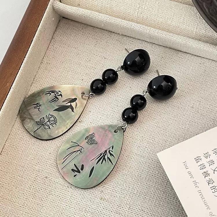 Silver Needle New Chinese Long Shell Earrings Women, Retro National Style Design Water Drop Pearl Earrings Earrings