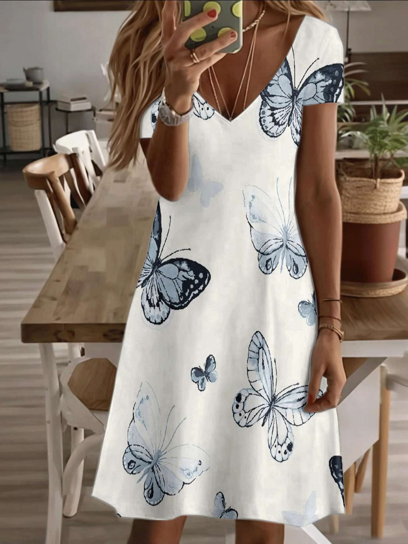 

Vneck shortsleeve midi dress butterfly design elegant blue butterfly print 3D highquality printing durable soft fabric breathable lightweight comforta XL дубильная кора