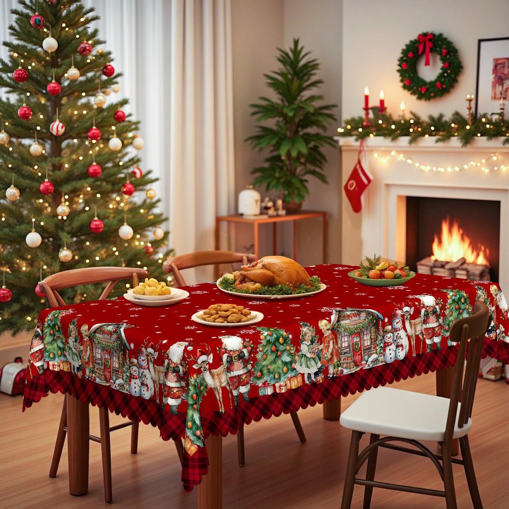 Weihnachtliches rundes Tischtuch Santa Rentier Schneemann Cartoon Mädchen Muster Tischdecke, Tischdekoration