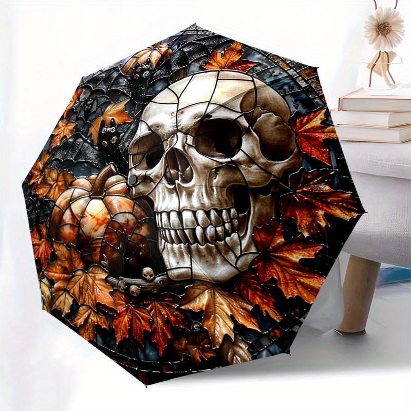 Halloween Skull & Pumpkin Mosaic Wall Art Umbrella, Cute Umbrella with Cute Design, Portable 3-Fold Compact Umbrella for Men & Women, Valentine's Day