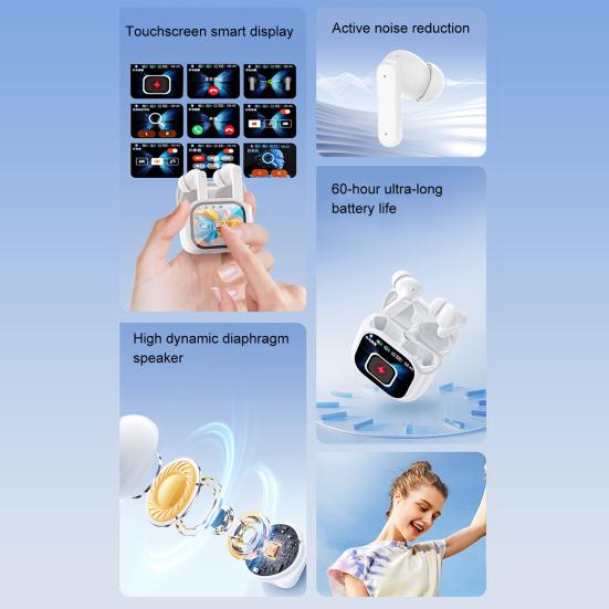 1 Pair Wireless Earphone with Smart Touch Screen Case Noise Canceling HiFi Sound Bluetooth-compatible 5.4