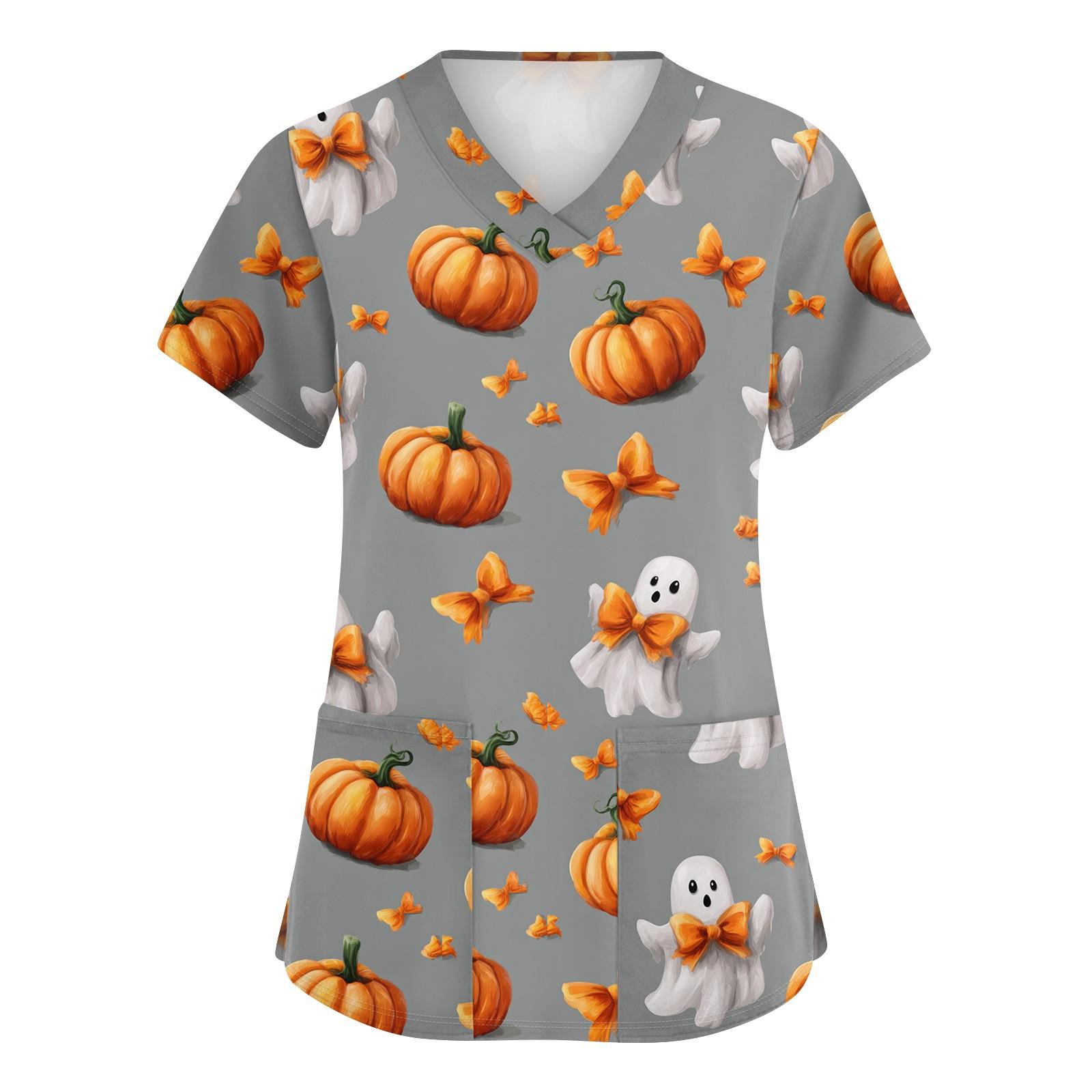 

Женская симпатичная принтованная рабочая одежда с V-образным вырезом, двухслойными карманами, базовым коротким рукавом, пуловером L