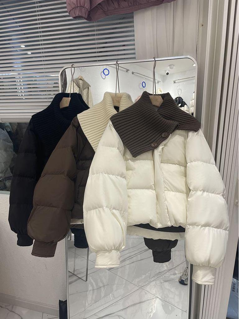 Women's Winter Coffee Knit Lapel Down Jacket - Loose Fit, Petite Spliced Design, Thick White Duck Down Coat