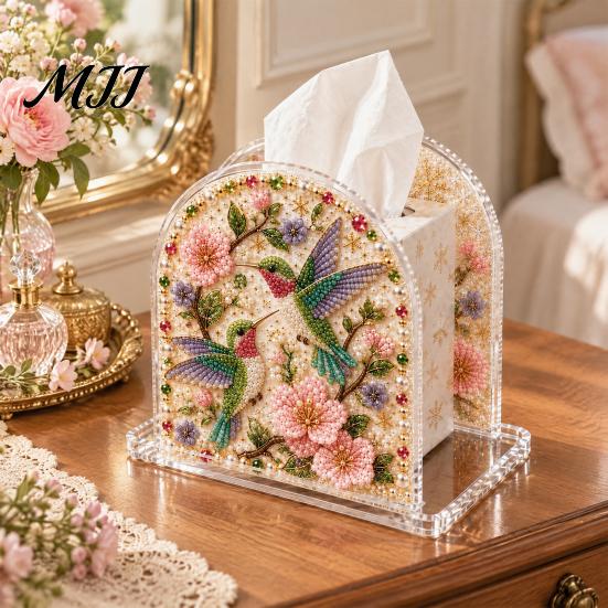 Acrylic Tissue Holder DIY Christmas Faux Pearl Art Painting Box Holder, 3D Rhinestone Beads Creative Resin Gem for Winter Xmas Holiday Tabletop Decor
