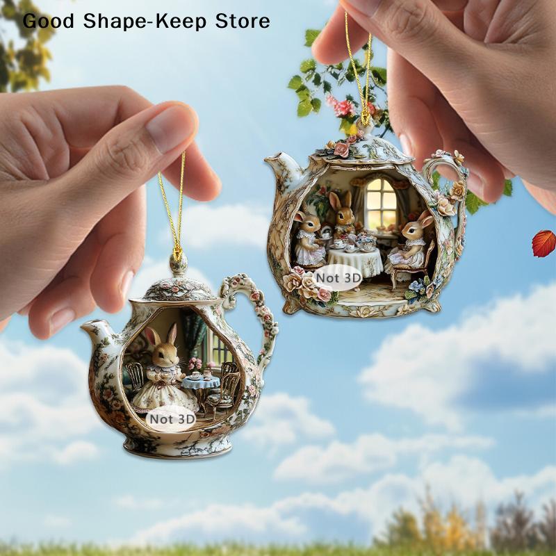 Easter Home Decor Items Rabbit In Teacup Warm Home 2d Acrylic Pendant Backpack Pendant Car Rabbit model in teacup