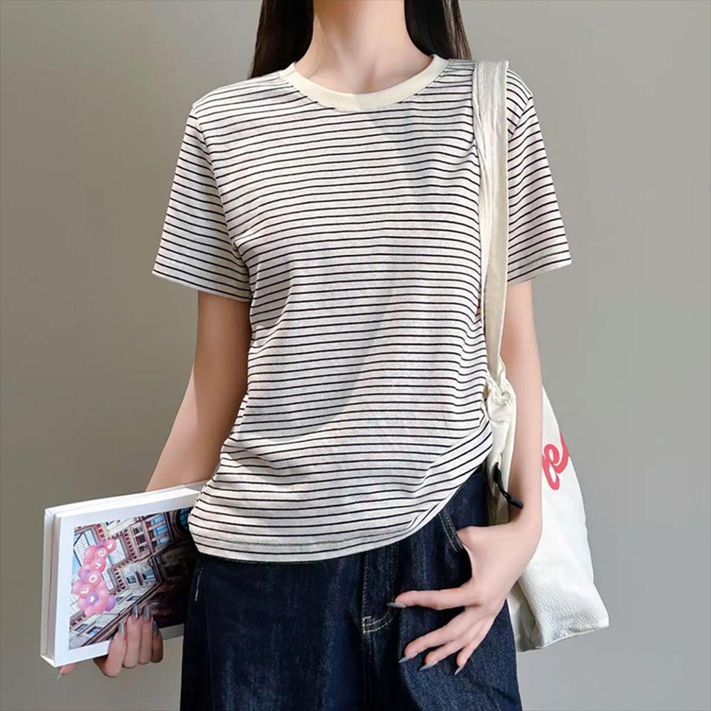 Women's High-End Hong Kong Style Black & White Striped Loose Summer T-Shirt