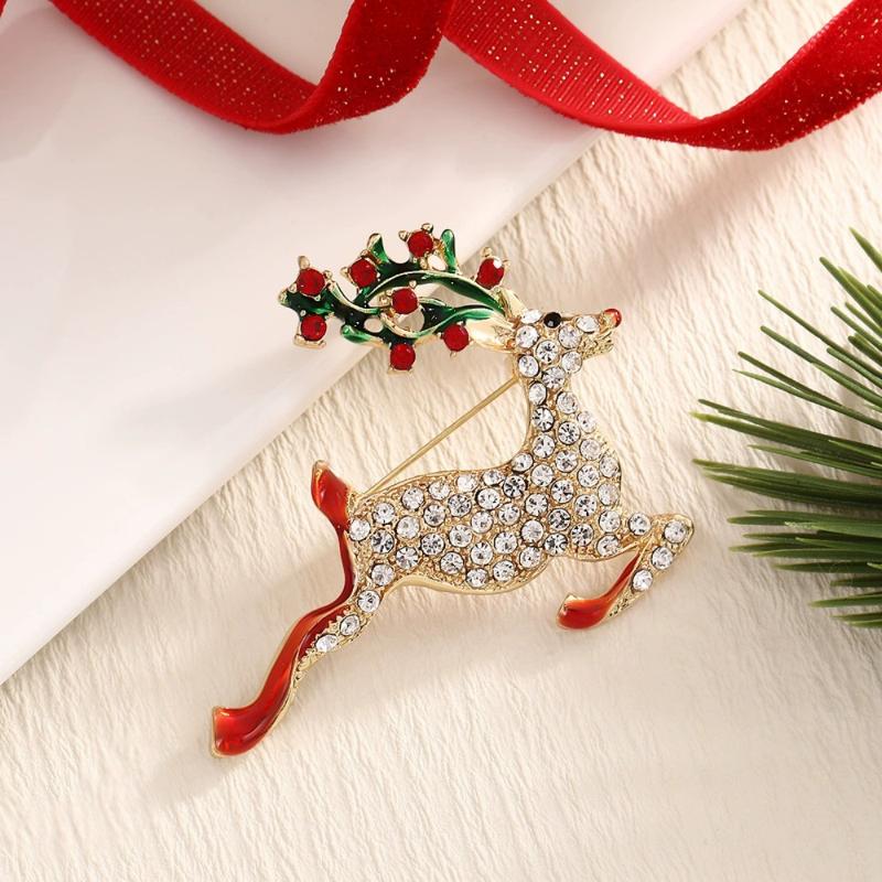 Christmas Rhinestone Elk Brooch Fashion Enamel Fawn Lapel Pin Durable Unisex Animal Pin for New Year Party Outfit Accessory