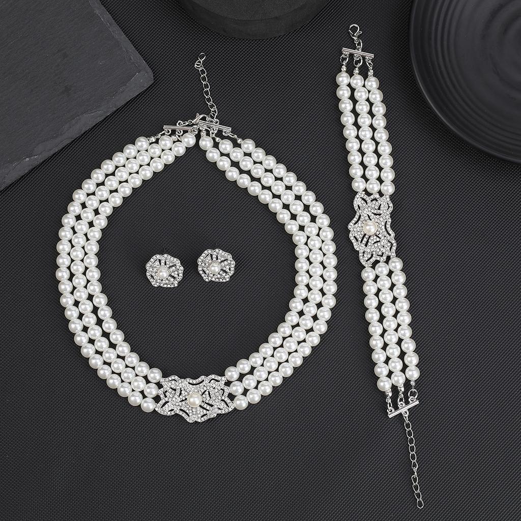 Exaggerated Jewelry Set Multi-row Pearl Rhinestone Necklace Bracelet Earrings Flower Wedding Bride Wedding Accessories
