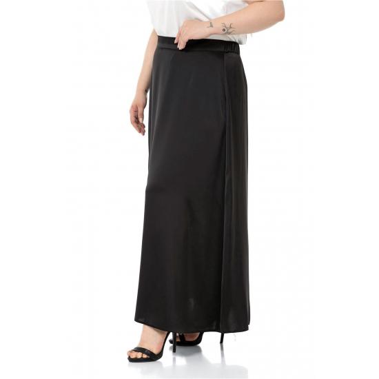 Women's Plus Size Flared Satin Long Black Skirt with Elastic Waist Back