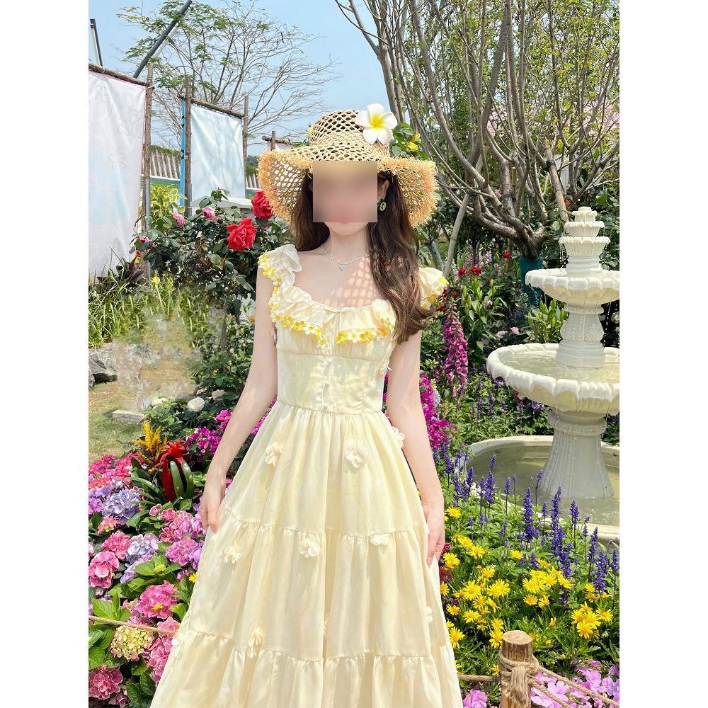 Women's Spring Sweet and Thin Skirt Blue Long Casual Print Small Fly Sleeve Suspender Dress