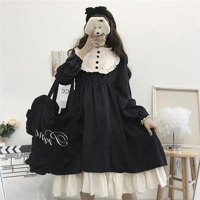 Japanische Lolita-Stil Damenkleider Frühling Herbst Hohe Taille Abnehmen Rüschen Süßes Kleid Kawaii Kleidung