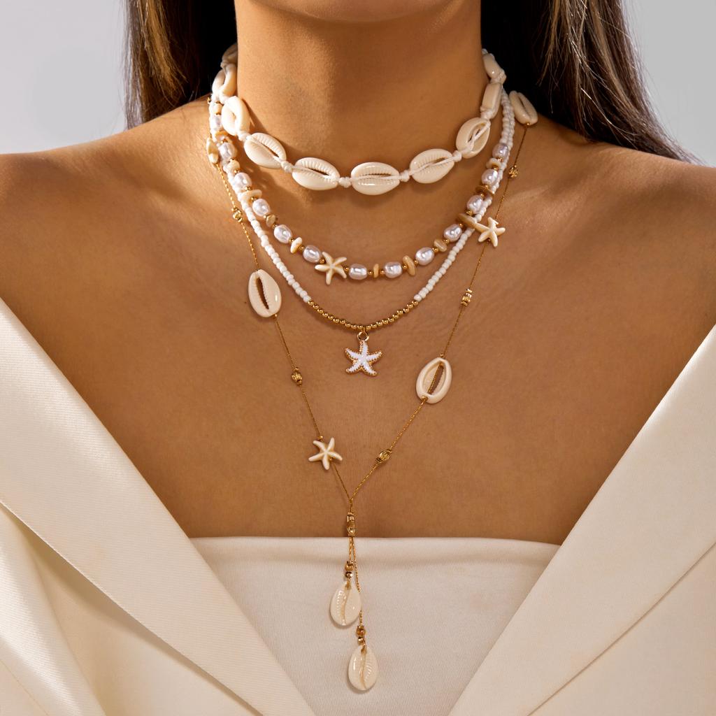 Bohemian Shell Starfish Layered Y-shaped Necklace Set for Women Trendy Imitation Pearl Choker Chain Beach Party Jewelry Gift