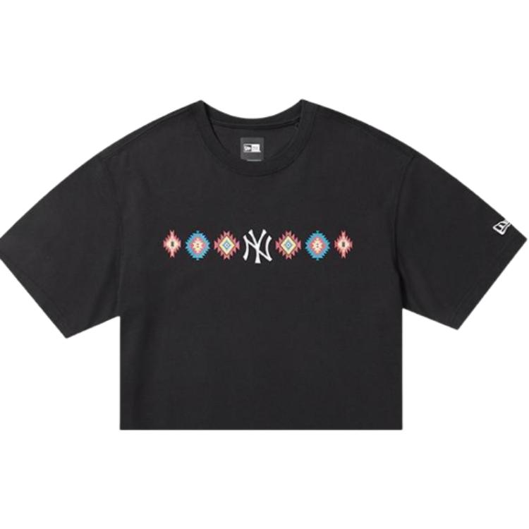 New Era Ethnic Totem Print Letter T-Shirt Unisex Tops Black 12870552